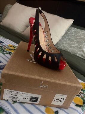 Christian Louboutin Black Leather Cutout Peep-Toe Slingback with Red Sole